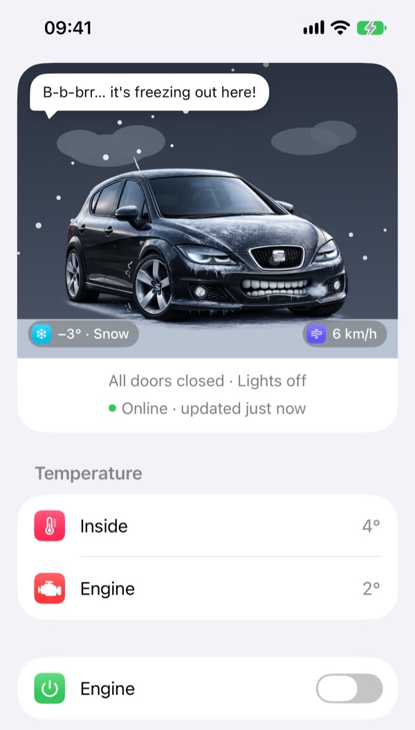 The Start Car home screen on a snowy morning. A frosty black car says it's freezing out here, the weather at the car shows minus 3 degrees and snow, and the inside of the car is 4 degrees.