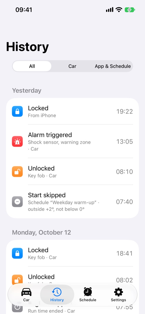 The Start Car history screen listing locks, unlocks, an alarm from the shock sensor and a schedule start that was skipped because it was 2 degrees outside.